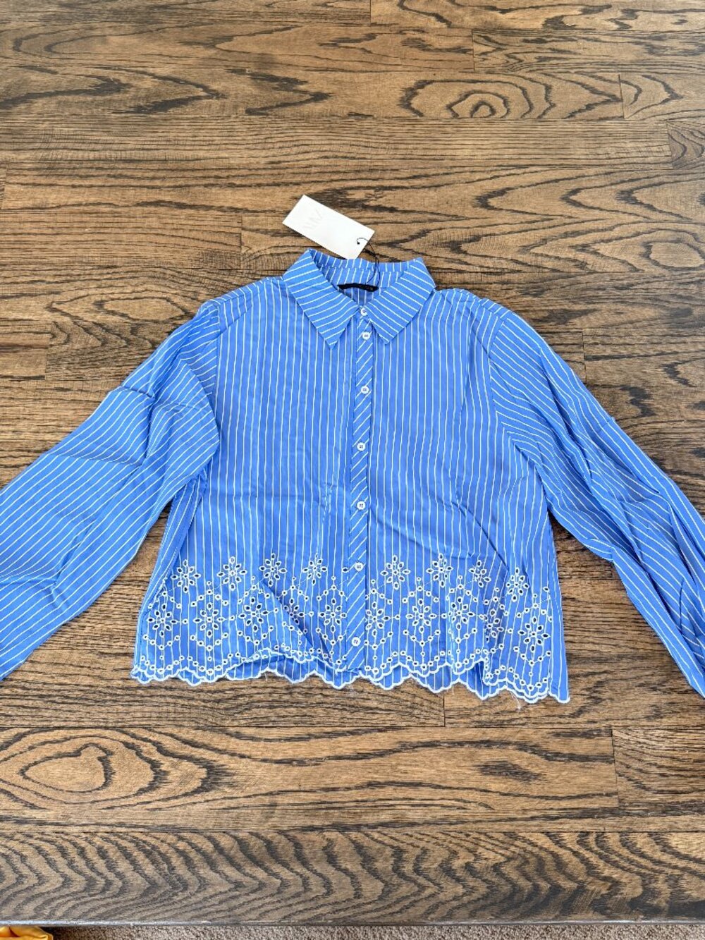 ZARA Blue Stripe Embroidered Button Up Shirt/ Blouse Size Small NWT $49